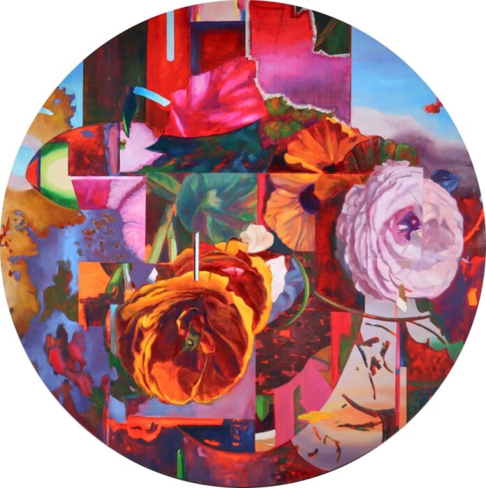 Lyman Allyn Art Museum - Thuan Vu, "Kintsugi: Arrangement no. 1," oil on aluminum panel, 48″ diameter, 2023