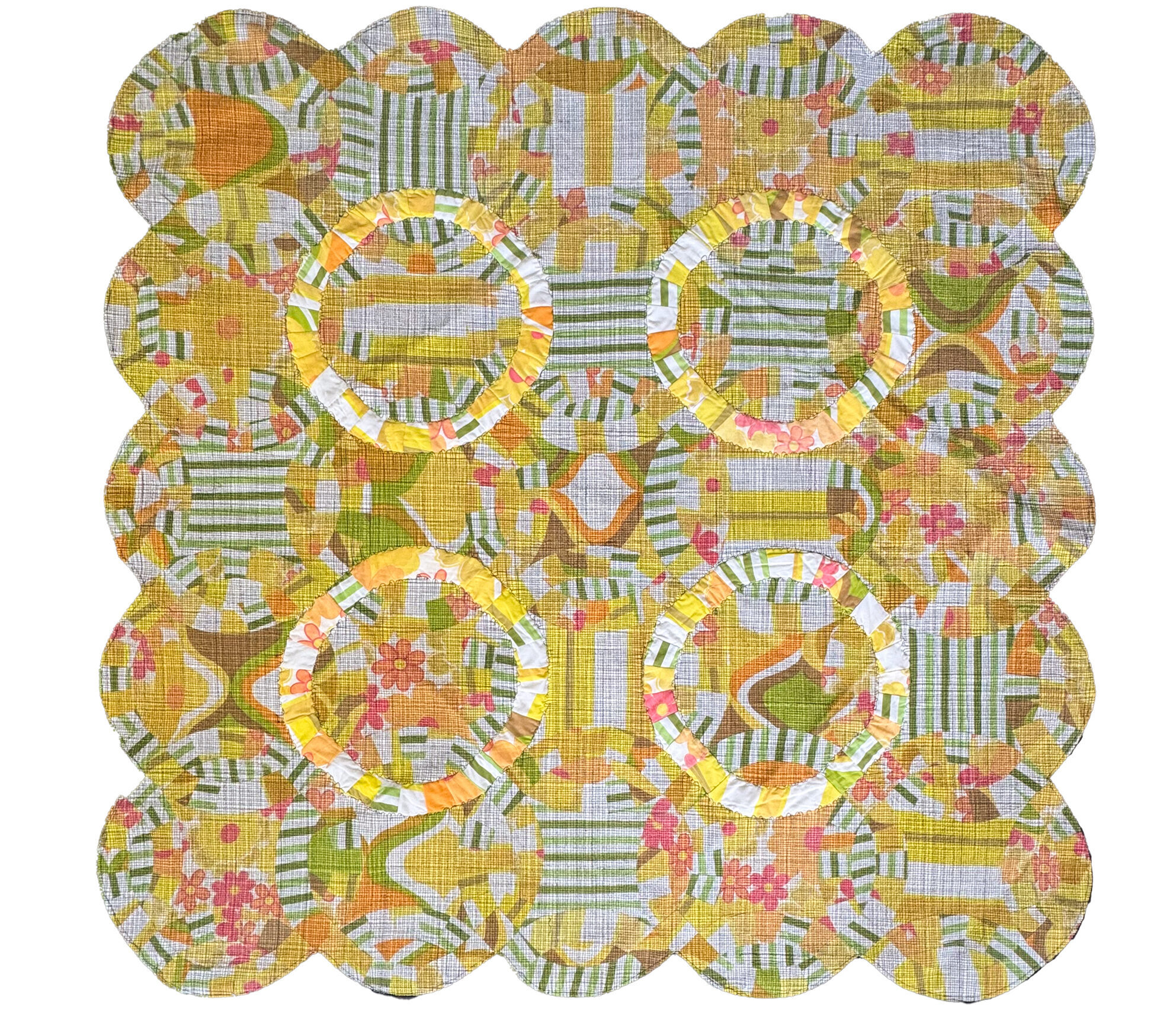 Luke Haynes, (DWR #12) "Vintage Yellow," 2022, Recycled vintage sheets and reclaimed clothing, 60×60×1 inches. Courtesy of the artist.