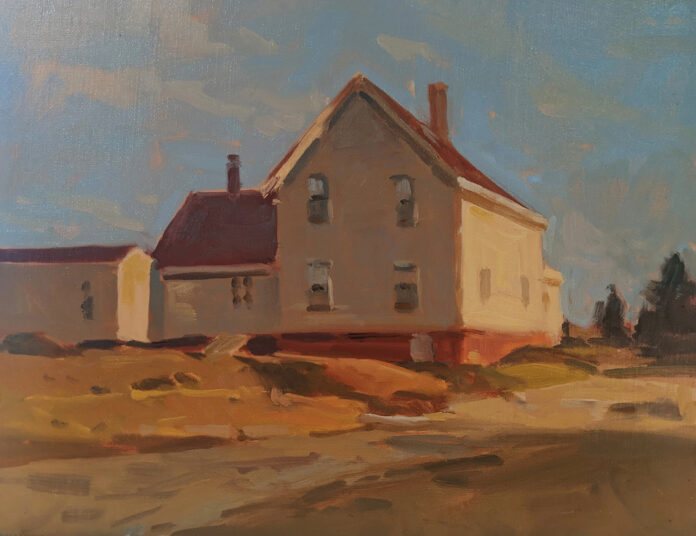 “Late Afternoon Light,” David Lussier, oil, 11 x 14 in; Available through David Lussier Gallery, Kittery ME oil painting of sunset light hitting on house, sitting on field.