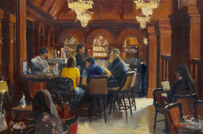 “Benson Hotel Bar,” Richard Boyer, oil on board, 16 x 24 in; Cole Gallery, Edmonds, WA; The walnut interior of the Benson Hotel Bar in Portland, Oregon glows in deep warmth point of view from inside a dim-light restaurant