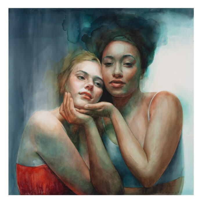 Ali Cavanaugh, "One to Listen and One to Love," 2023, watercolor on panel, 18 x 18 in.