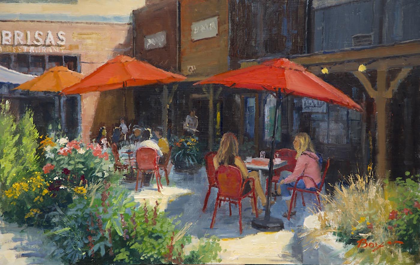 cafe with red umbrellas