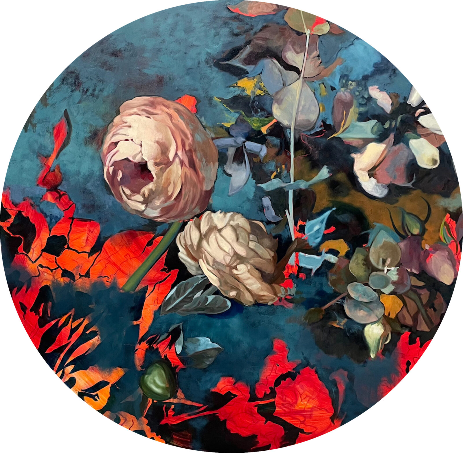 Thuan Vu, "Kintsugi Arrangement no. 17," oil on aluminum panel, 60″ diameter, 2022