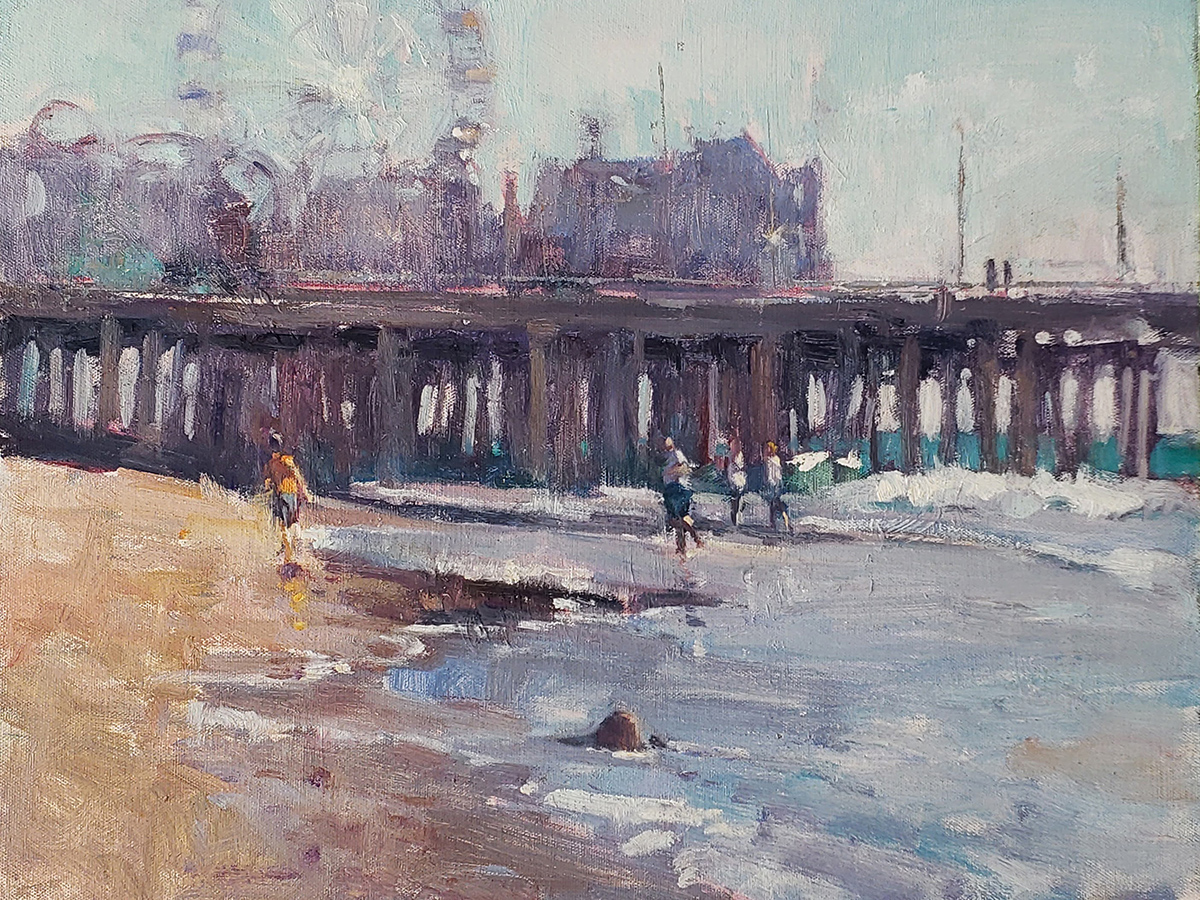 oil painting of looking at boardwalk from a distance on a sunny day