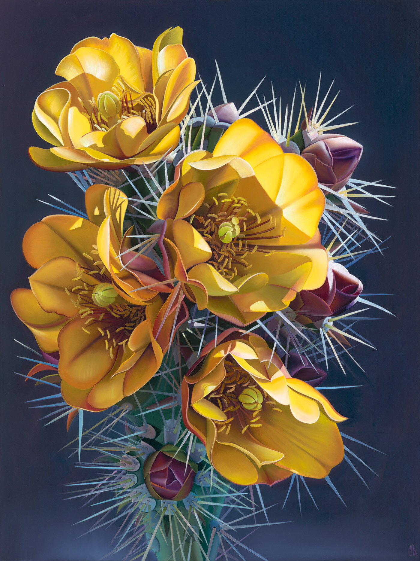 oil painting of yellow golden flowers surrounded by roses not in bloom