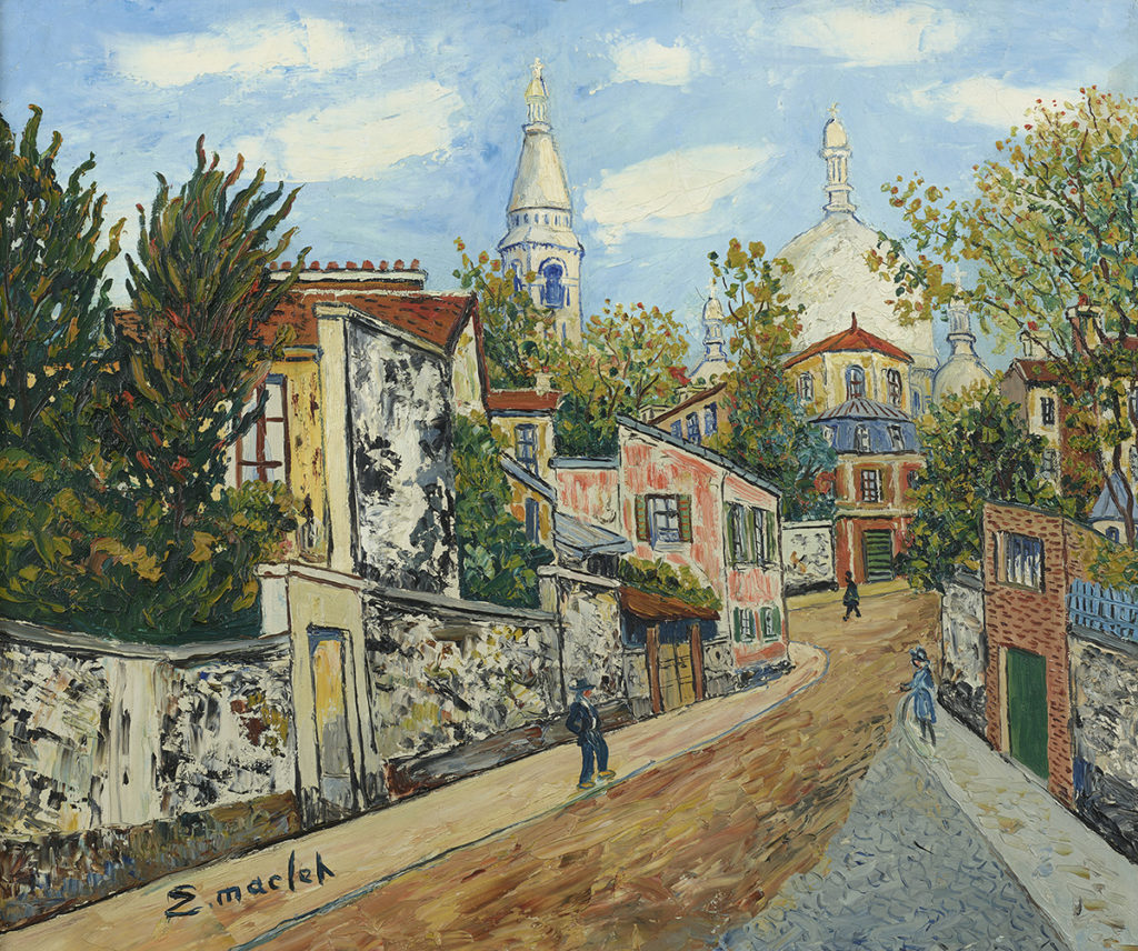 Oil painting of people walking down a street in Paris