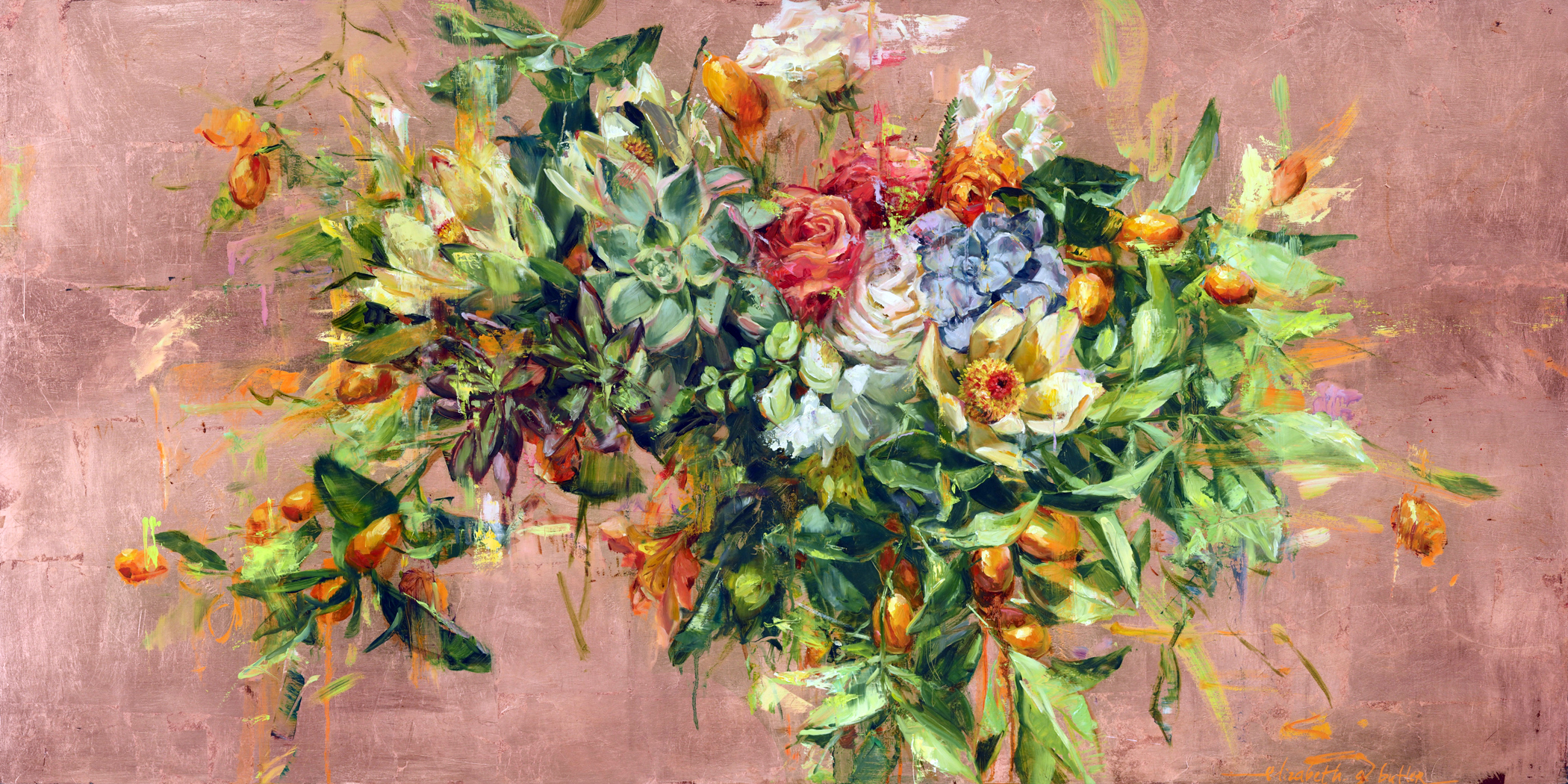Elizabeth Butler, "Kumquat Safari," 2022, oil and copper leaf on board, 30 x 60 in.