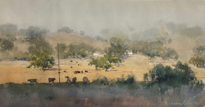Watercolor Live art auction - Frank Eber, "California Rolling Hills," watercolor, 11 x 21 in.