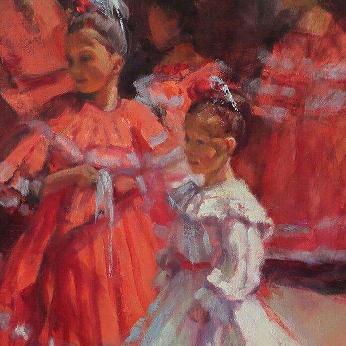 detail oil painting of a young child learning to dance