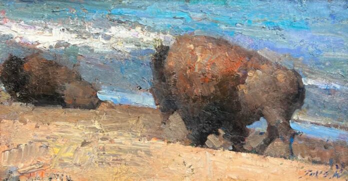 Jove Wang, "Catalina Bison," oil on linen, 13 x 26 in.