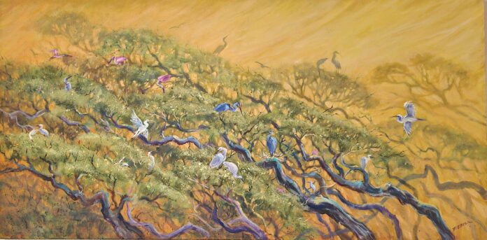 Anita Diebel (b. 1940), "Nesting Season," 2023, acrylic on canvas, 24 x 48 in.