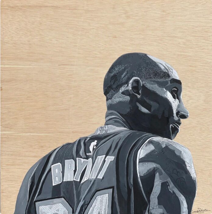 Sara Drahos (b. 2003), "Kobe Bryant," 2022, mixed media, 24 x 24 in.
