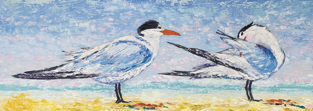 Oi painting of two royal terns on a beach