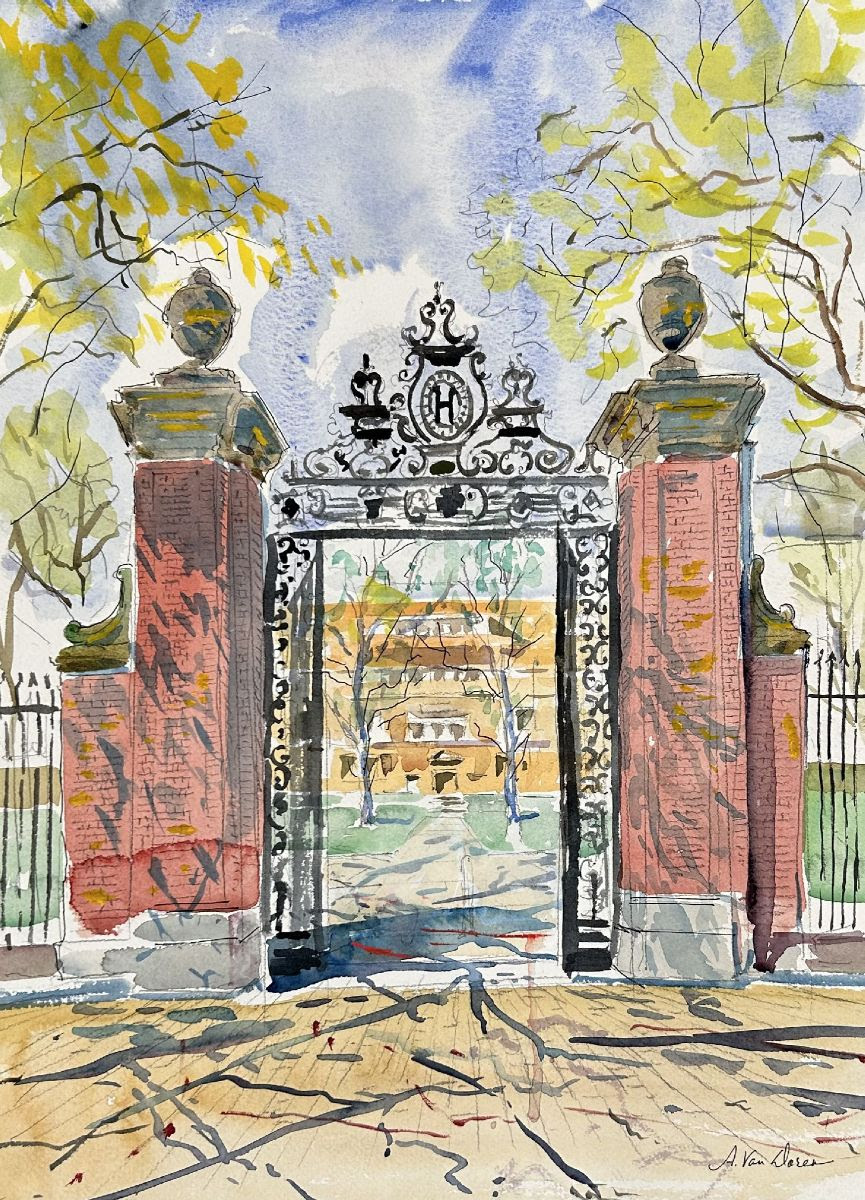 Paintings of Boston - Adam Van Doren, "Harvard Gate," 2024, Watercolor and gouache, 20 1/2 x 15 inches