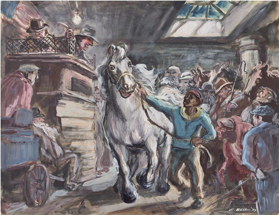 Art Auction - Cecil Crosley Bell (1906-1970), "Horse Auction, New York," Gouache on paper, 1937. 432x560 mm; 17x22 inches. Signed, C. Bell, and dated, 37, lower right.