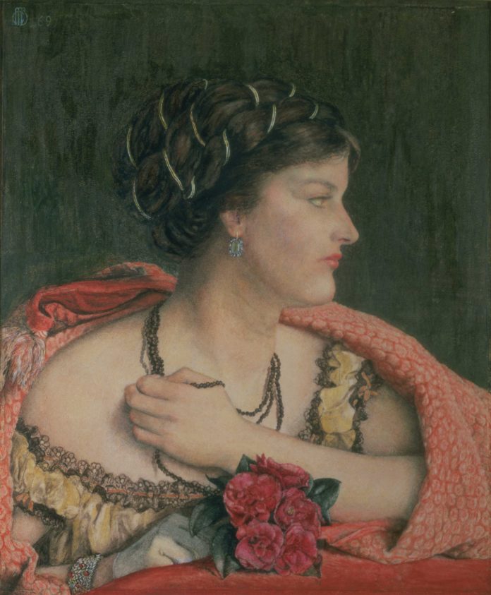 Hueffer-At-the-Opera CATHERINE MADOX BROWN HUEFFER (1850–1927), "At the Opera," 1869, watercolor and pencil, heightened with white, on paper, 22 2/3 x 20 1/8 in. (framed), private collection