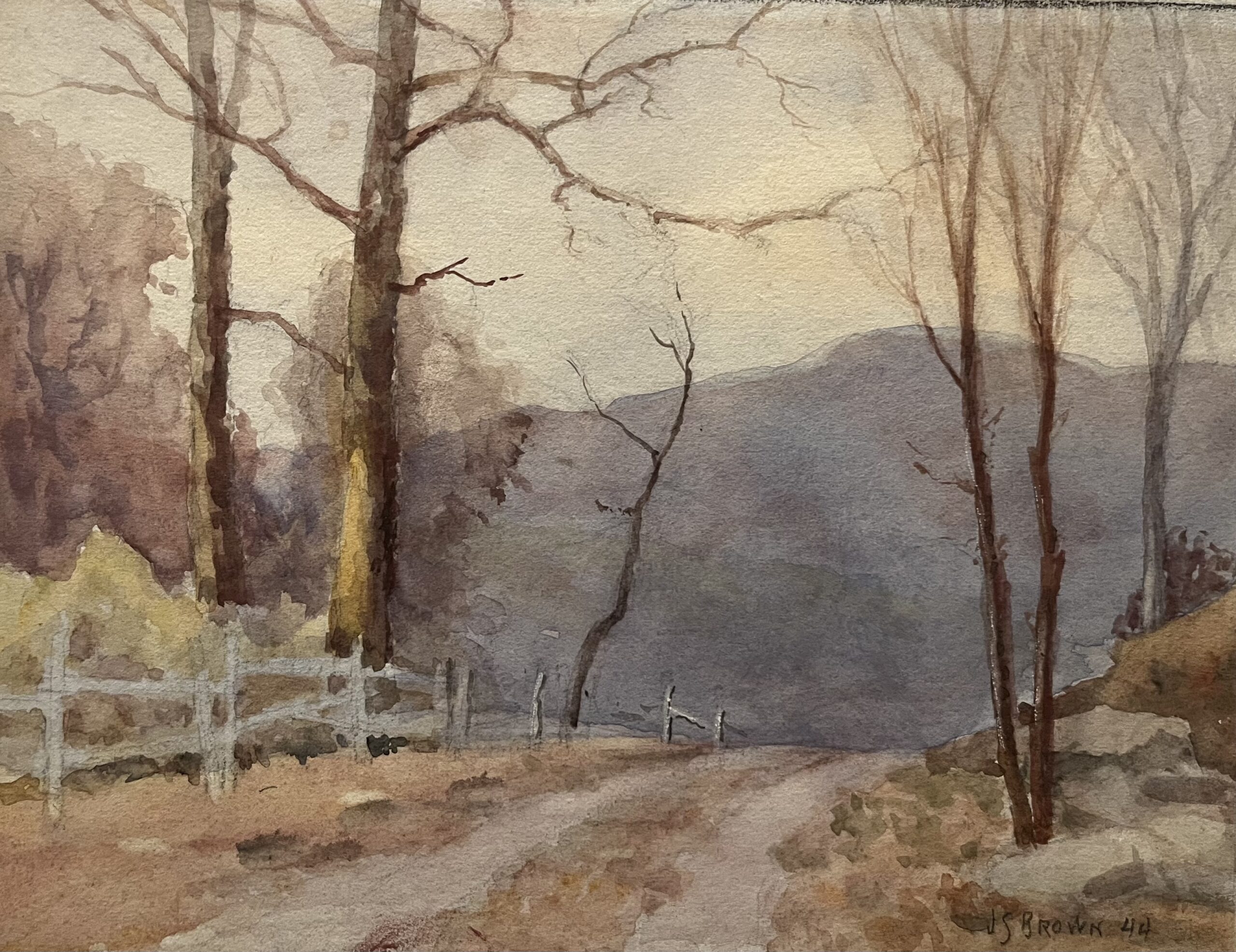 Tryon NC artist colony history - John Sylvan Brown, “Tryon Peak,” Watercolor on board, 1944, 9” X 11.5”, courtesy of Cynthia Davis
