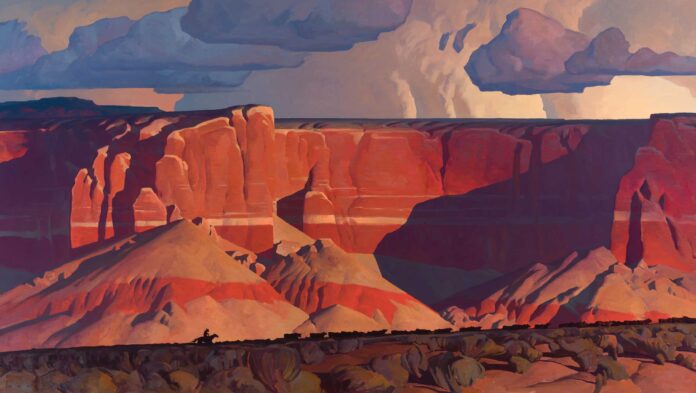 Western art collection - Brett Allen Johnson (b. 1984), "Trailing Shadows," 2022, oil on panel, 36 x 60 in.