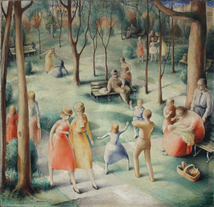ALEXANDER KOSTELLOW (1897–1954), "In a Park," 1936, tempera on canvas on board, 30 x 30 in., Westmoreland Museum of Art Fine Art Connoisseur magazine - ALEXANDER KOSTELLOW (1897–1954), "In a Park," 1936, tempera on canvas on board, 30 x 30 in., Westmoreland Museum of Art