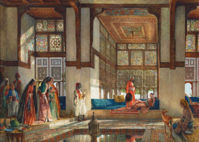 John Frederick Lewis (1804–1876), "A Reception in the Harem," 1873, watercolor and bodycolor on paper, 29 x 41 in., estimate £650,000–£850,000 Art Auction - John Frederick Lewis (1804–1876), "A Reception in the Harem," 1873, watercolor and bodycolor on paper, 29 x 41 in., estimate £650,000–£850,000