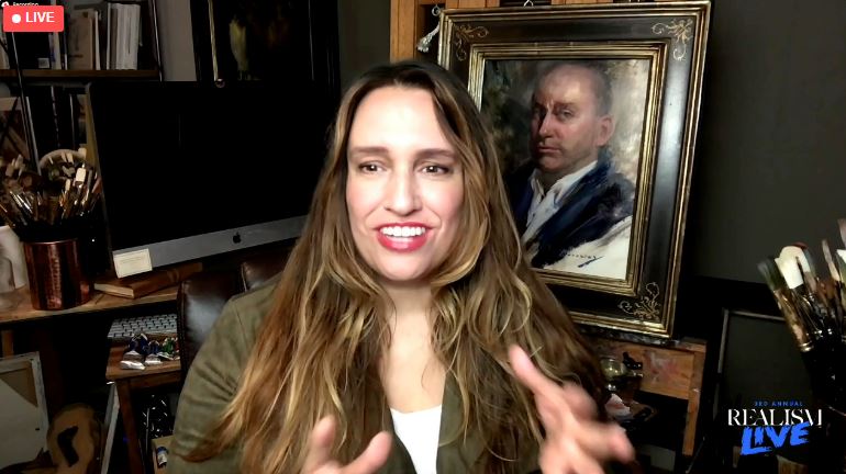 Michelle Dunaway, with her recent portrait of Peter Trippi