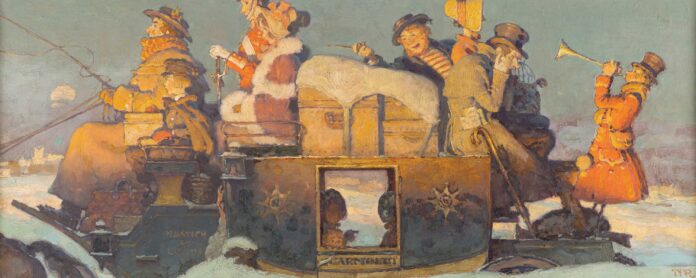 norman-Rockwell-Sleigh-Ride Western art - Norman Rockwell (1894–1978), "Sleigh Ride (Study for The Dover Coach)," 1935, oil on board, 9 x 22 in., estimate $50,000–$70,000 at March in Montana