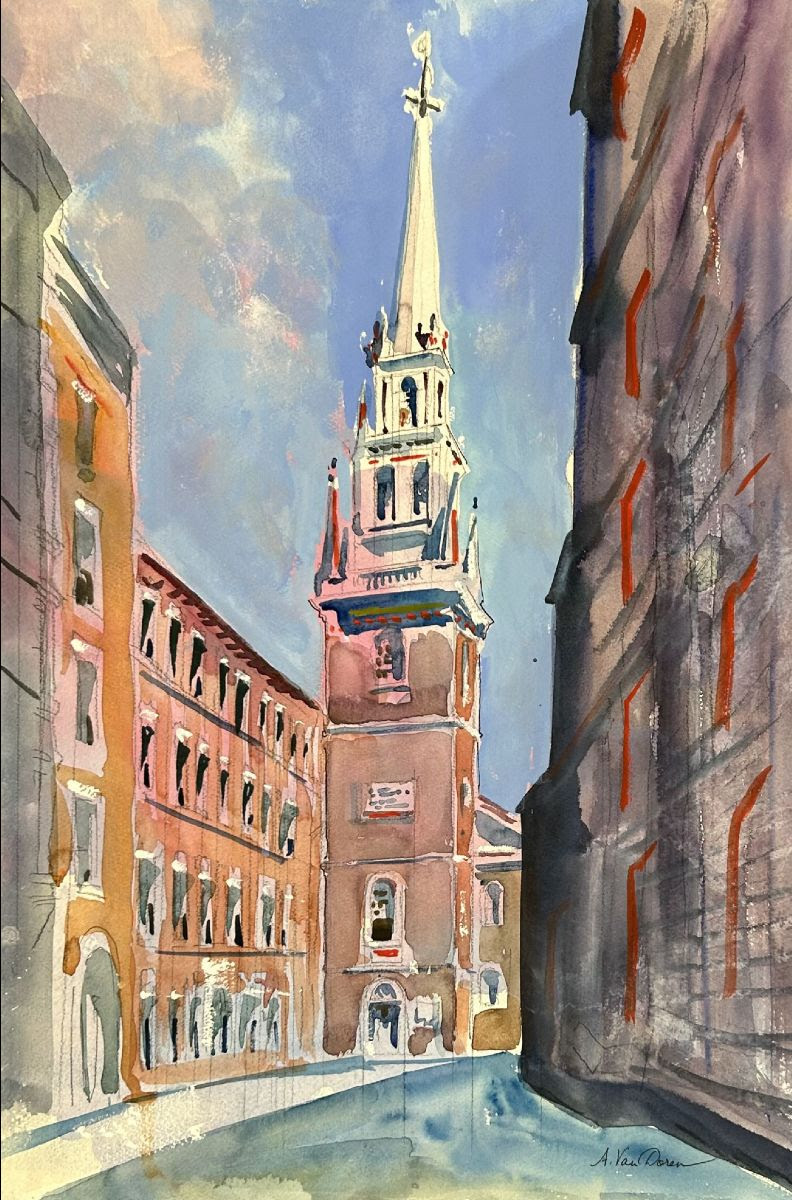 Adam Van Doren, "Old North Church, Boston," 2024, Watercolor and gouache, 22 1/2 x 15 inches