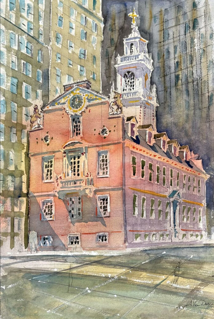 Paintings of Boston - Adam Van Doren, "Old State House, Boston," 2024, Watercolor and gouache, 22 1/2 x 15 inches