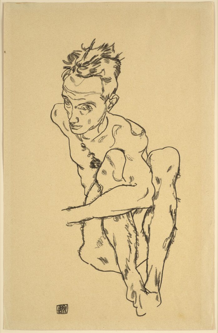 Schiele Seated Male Egon Schiele (1890–1918), “Seated Male Nude (Self-Portrait),” 1917, black crayon on paper, 18 1/10 x 11 2/3 in., Richard Nagy Ltd.