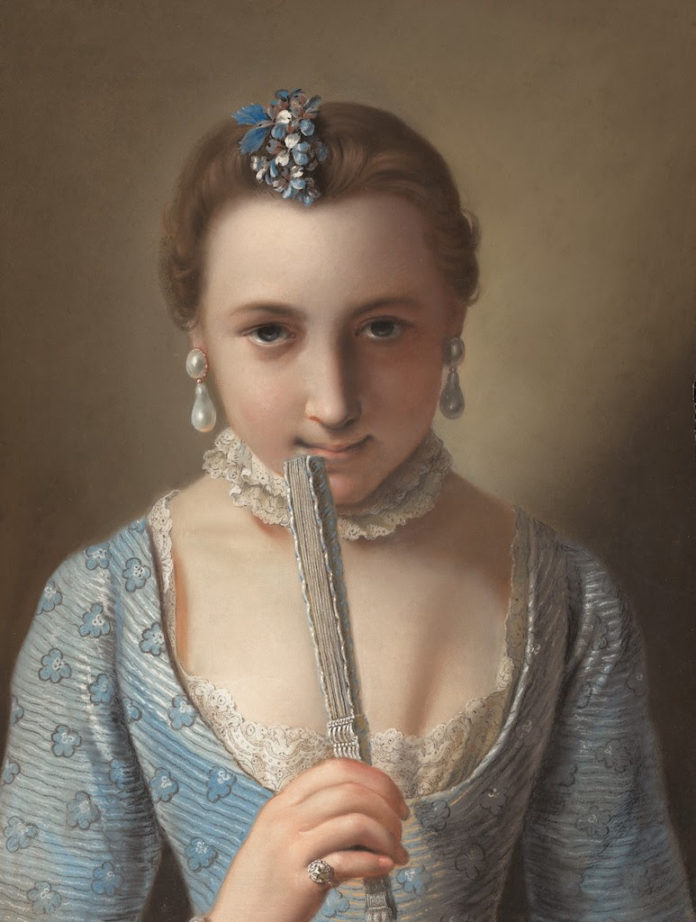 Young Woman with a Fan - Pietro Antonio Rotari pastel portrait painting "Young Woman with a Fan," early 1750s, Pietro Antonio Rotari (Italian, 1707-1762), pastel of blue-green paper, mounted on canvas, 46 x 37 cm, Getty Museum, 2019.111